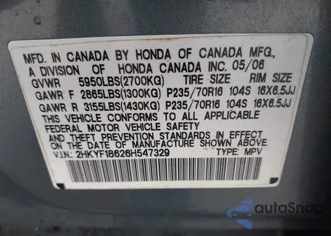 2006 Honda Pilot Ex-L из США, поврежденный, VIN 2HKYF18626H547329